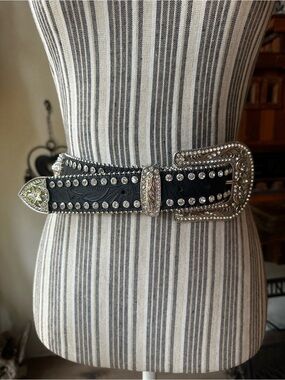 Blazin Roxx Black Leather Western Belt with Rhinestone Silver Buckle